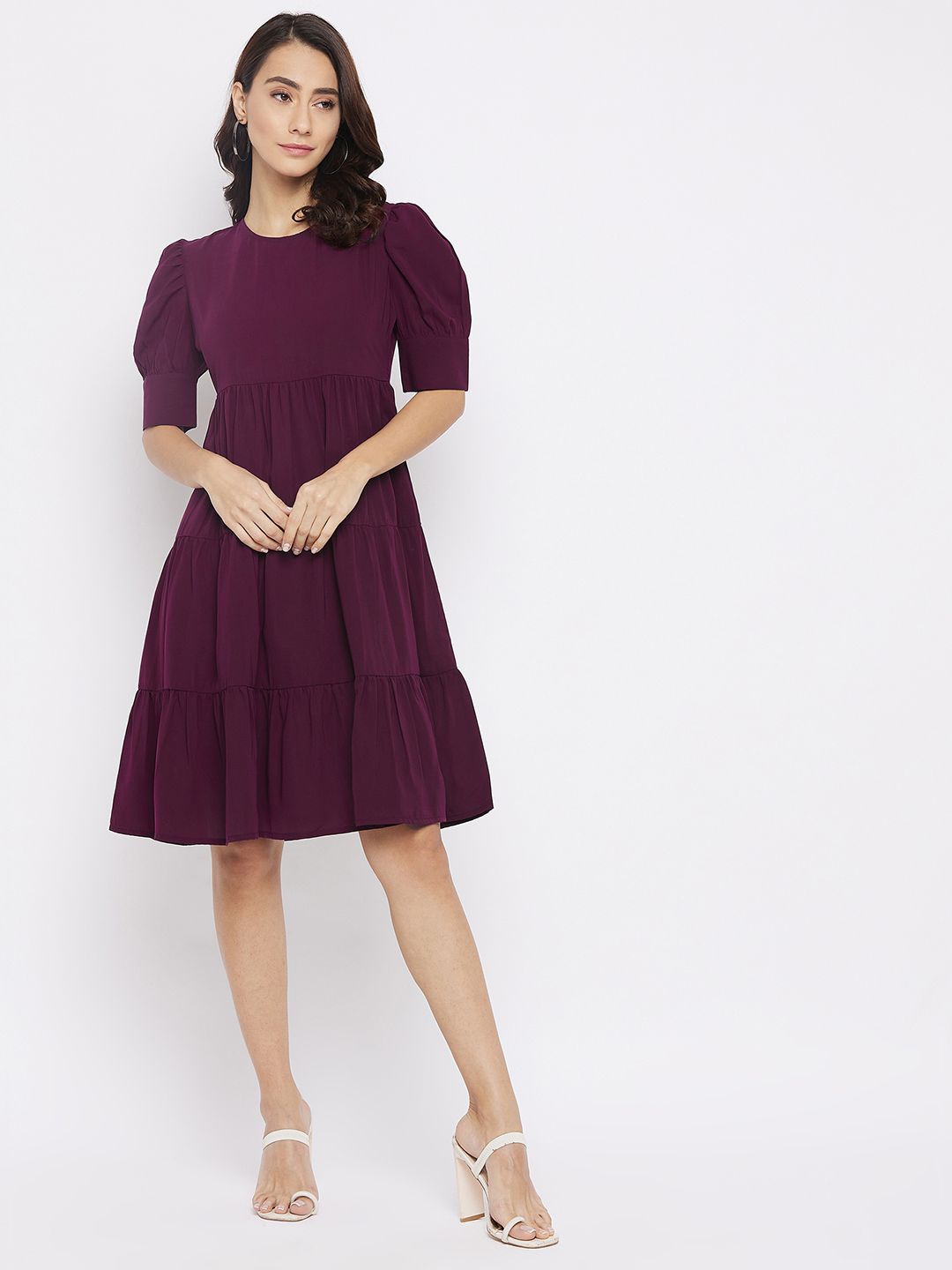 

Chemistry Women Puff Sleeve Tiered A-Line Dress, Burgundy