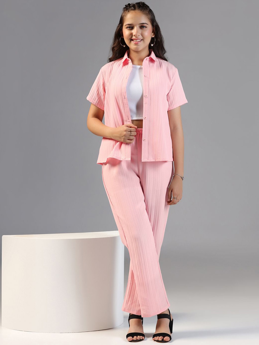 

YK Girls Short Sleeves Shirt With Trouser & Top, Pink