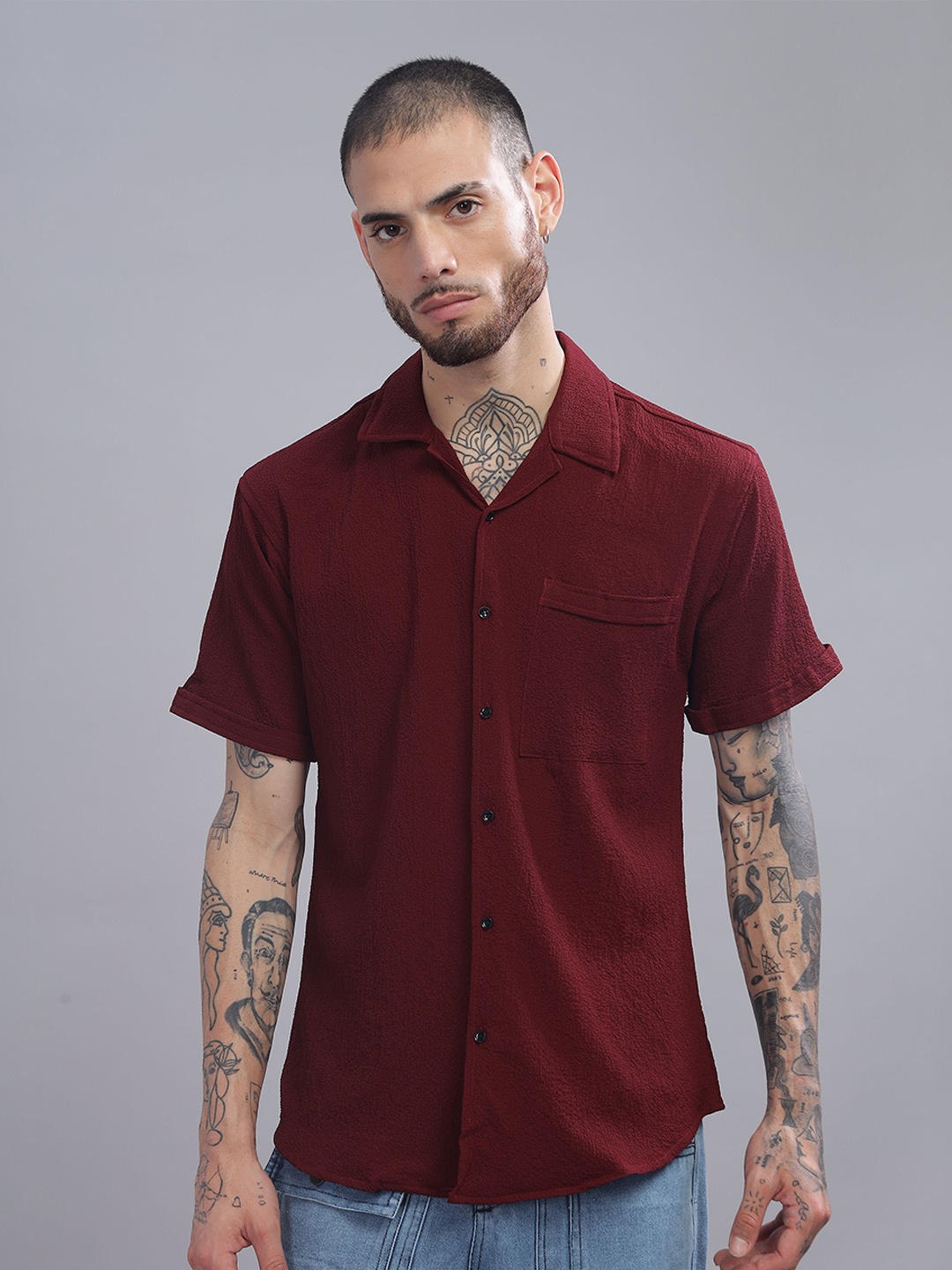 

iCome Men Cuban Collar Textured Cotton Linen Casual Shirt, Maroon