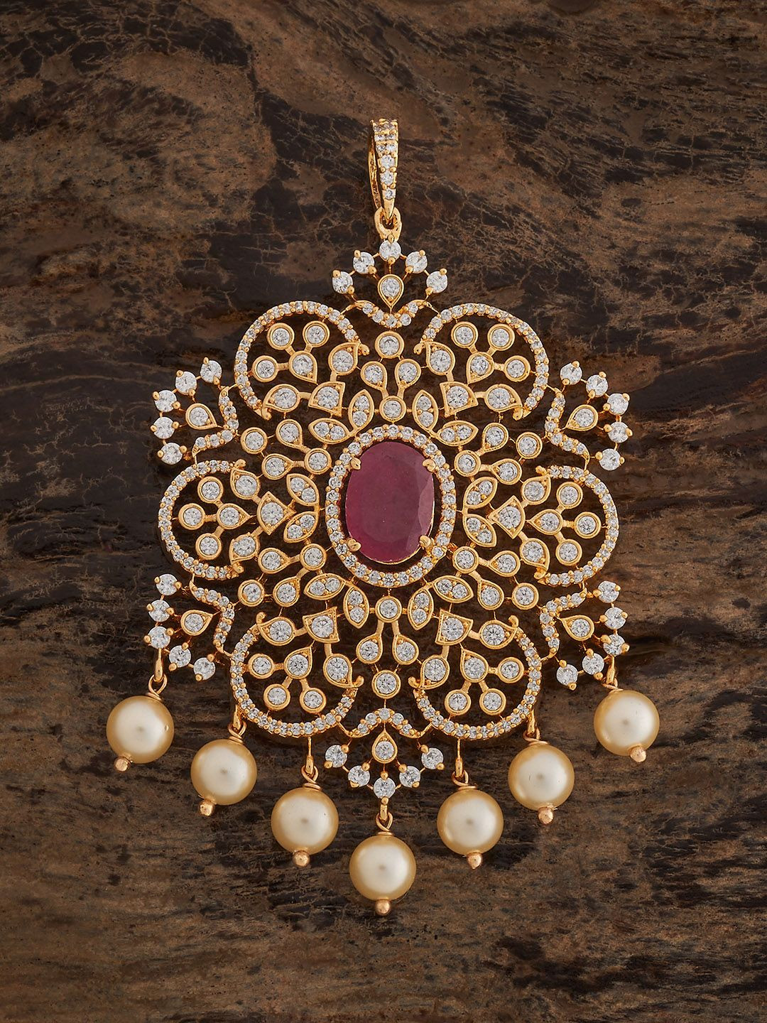 

Kushal's Fashion Jewellery Gold-Plated Cubic Zirconia Studded Floral Shaped Pendants, Red