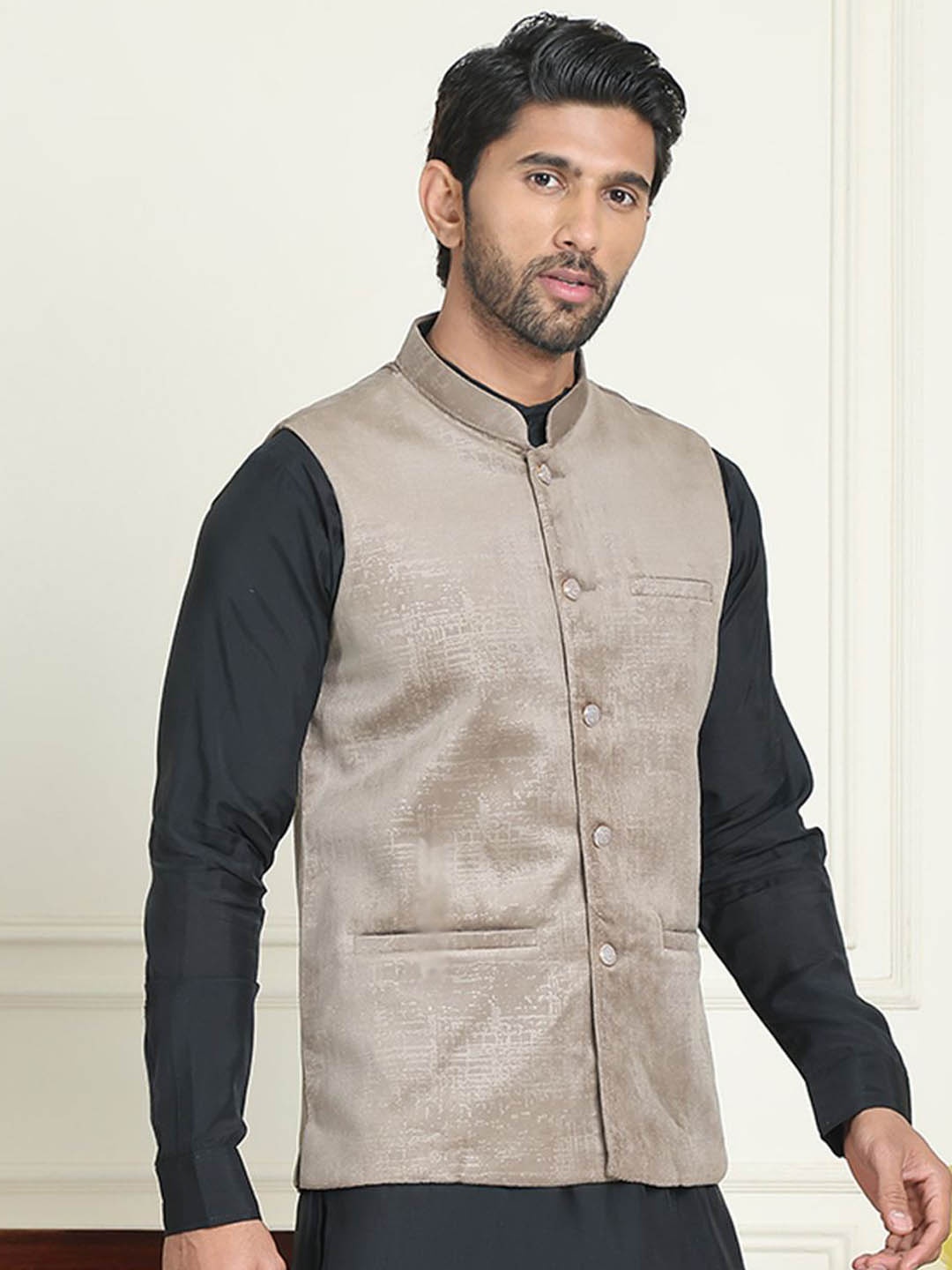 

Anouk Woven Mandarin Collar Neck Nehru Jacket, Beige