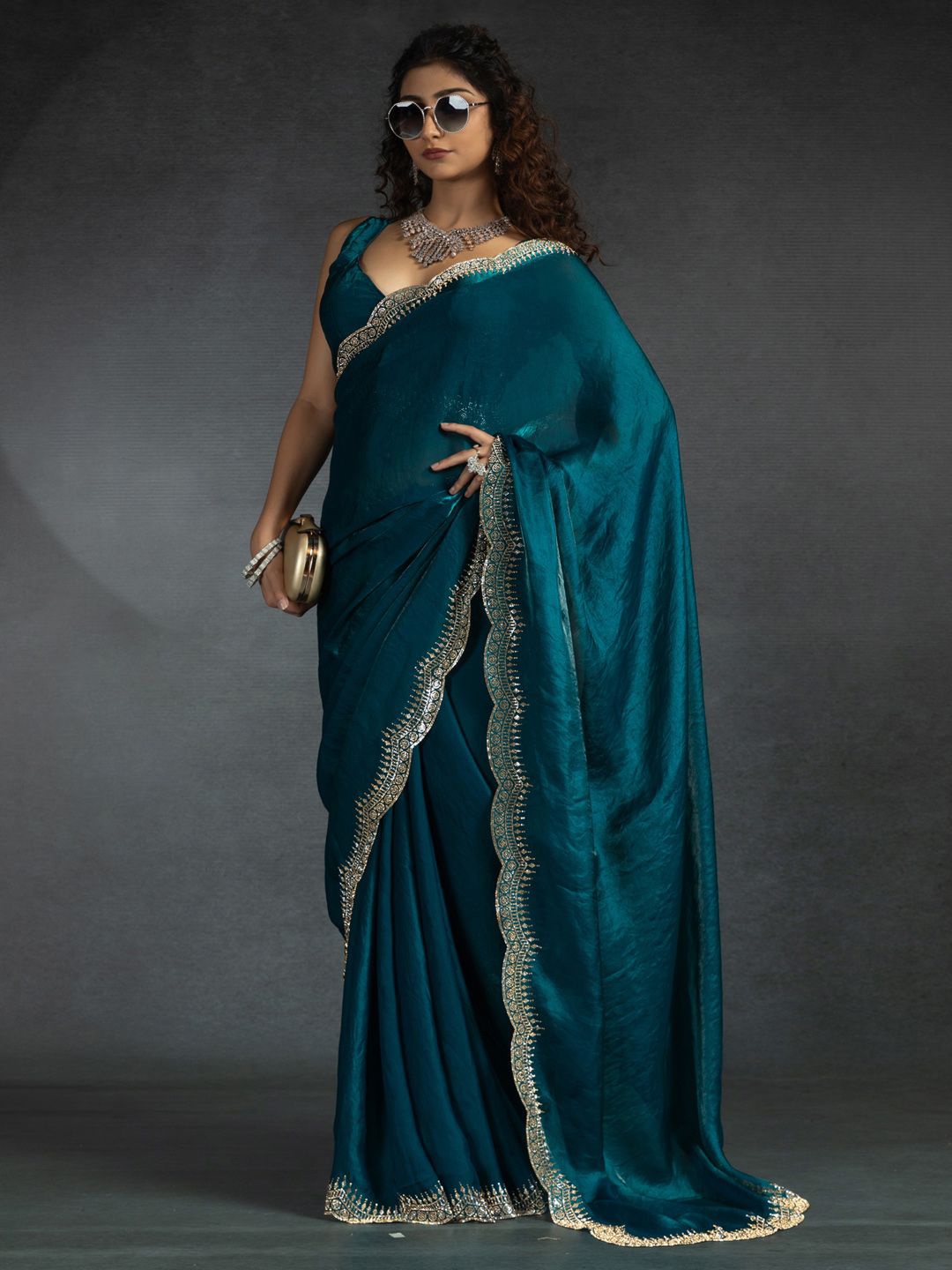 

Saree mall Beads and Stones Satin Designer Sarees, Teal