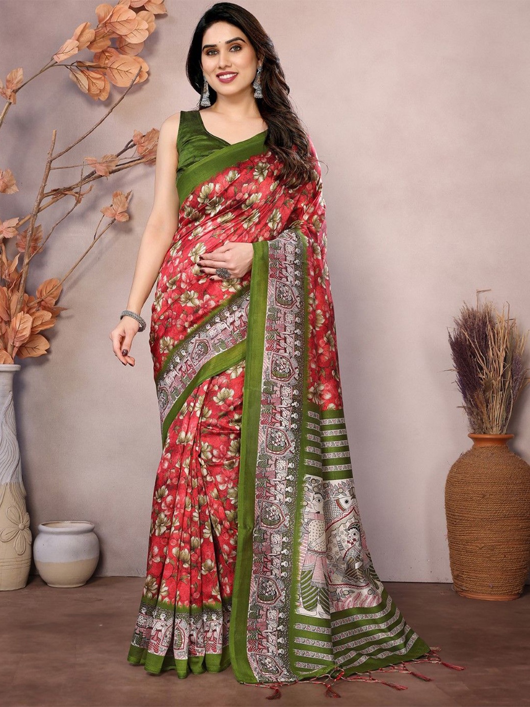 

KALINI Kalamkari Printed Art Silk Baluchari Saree, Red