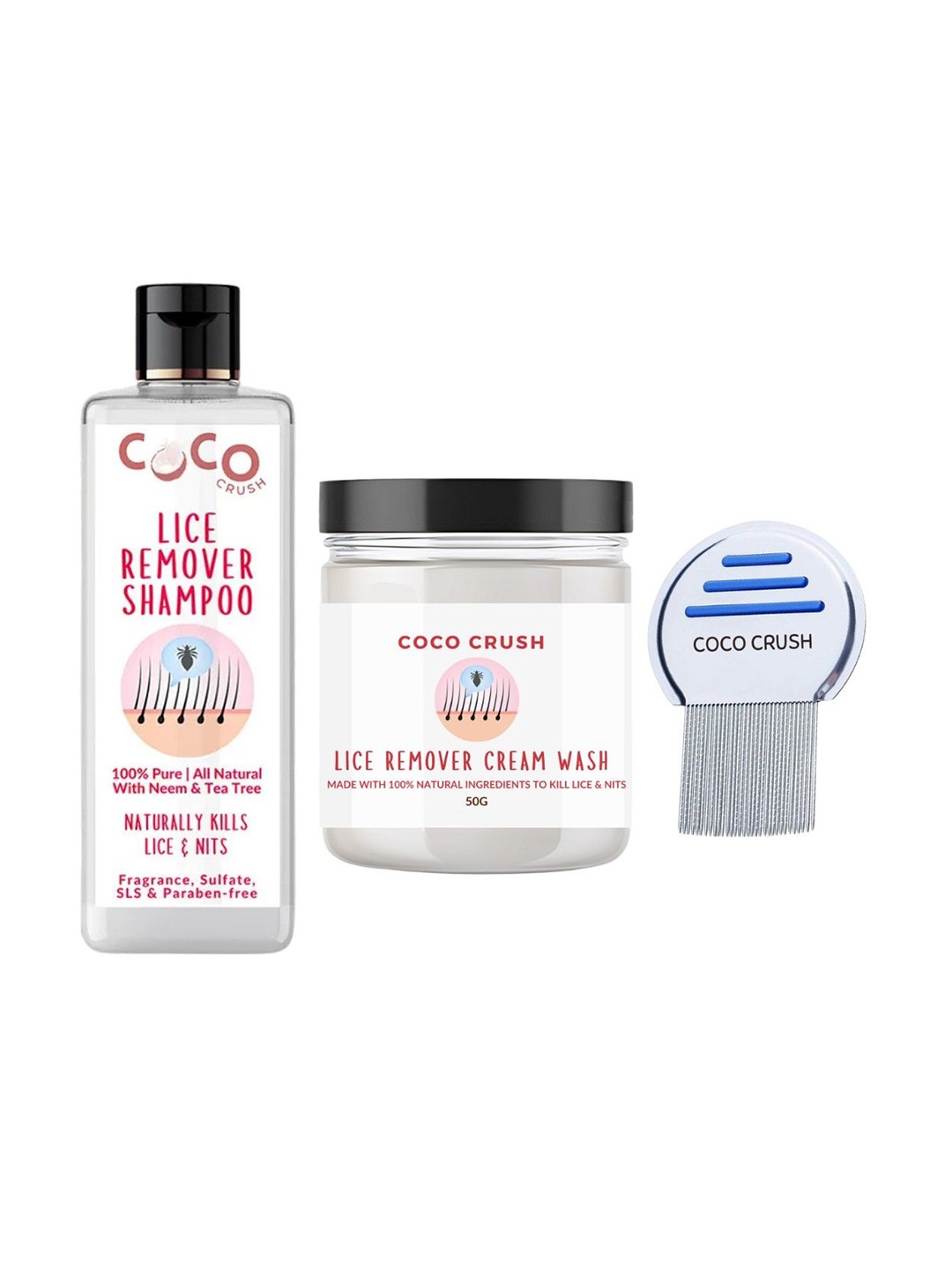 

Coco Crush Set Of 3 Lice Removal Hair Cream - 50 g, Shampoo - 100 ml & Comb, Transparent
