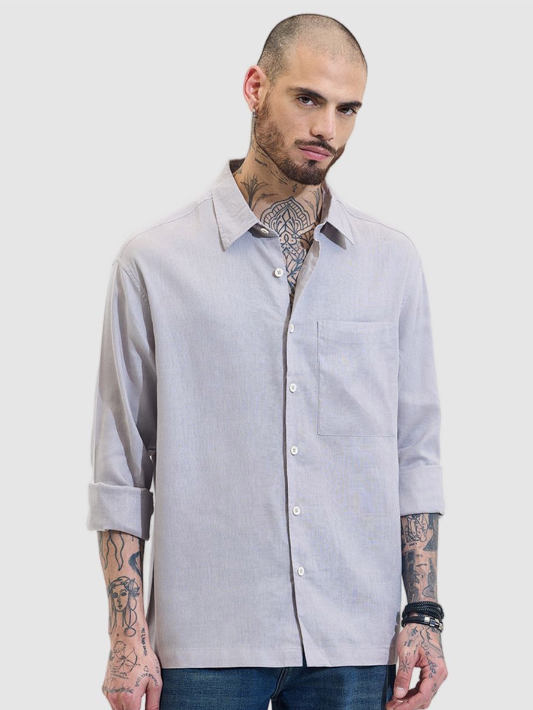 

Snitch Men Relaxed Fit Spread Collar Solid Linen Casual Shirt, Grey