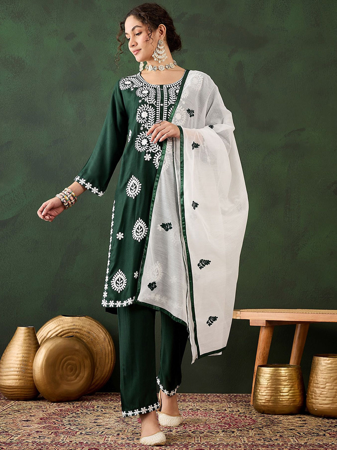 

MANVAA Floral Embroidered Thread Work Round Neck Kurta with Trouser & Dupatta, Green