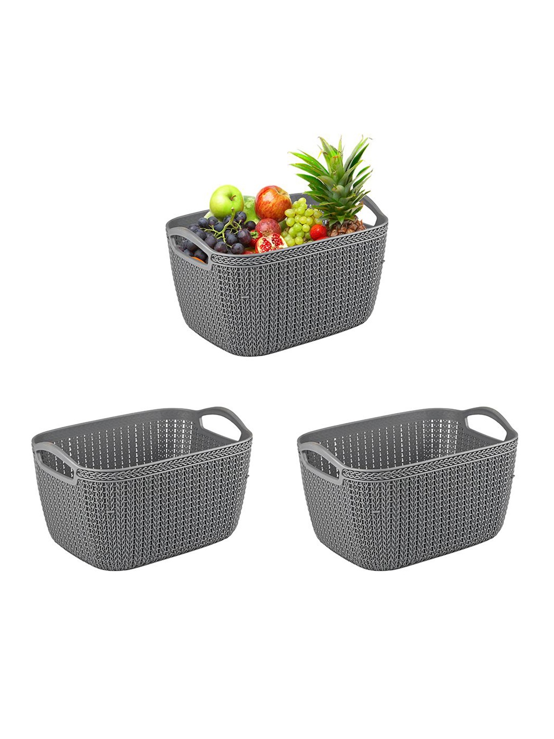 

Kuber Industries Grey Self Design Pack of 3 Multi-Purpose Basket For Storage