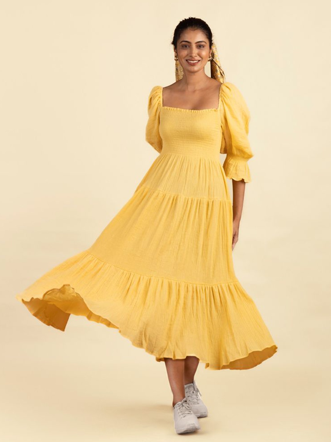

Block Hop Women Yellow Waffle Muslin Dress
