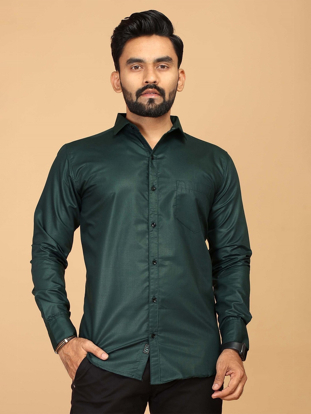 

FABRIPPLE Men Spread Collar Solid Cotton Casual Shirt, Green
