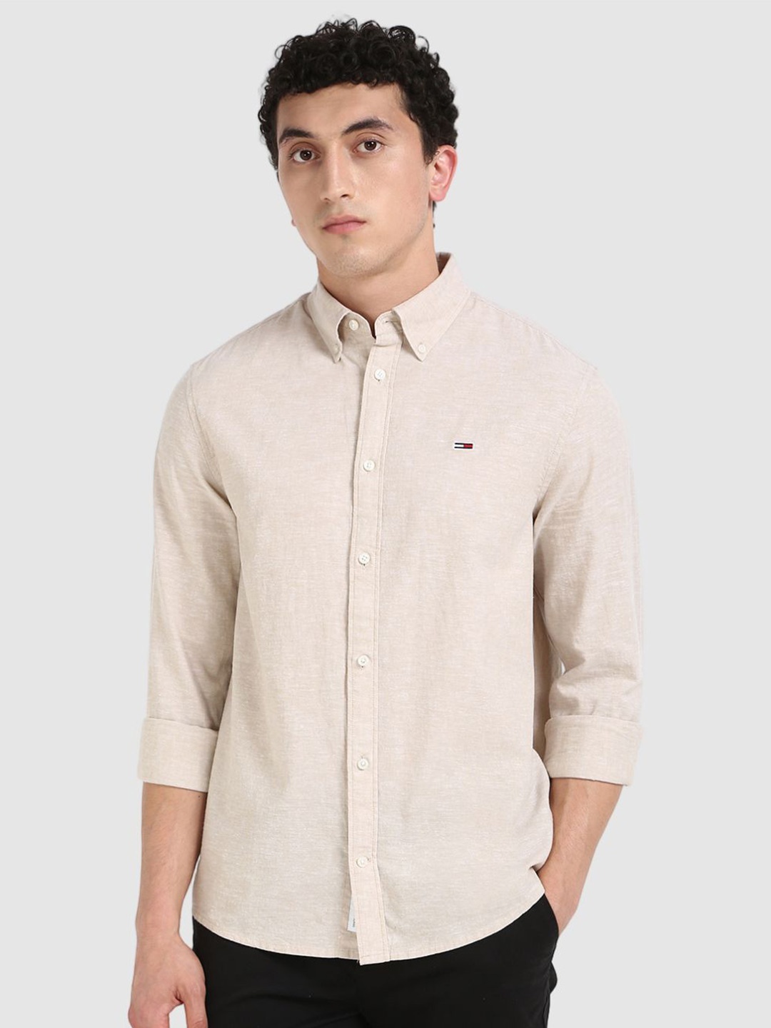 

Tommy Hilfiger Men Button-Down Collar Solid Cotton Casual Shirt, Beige