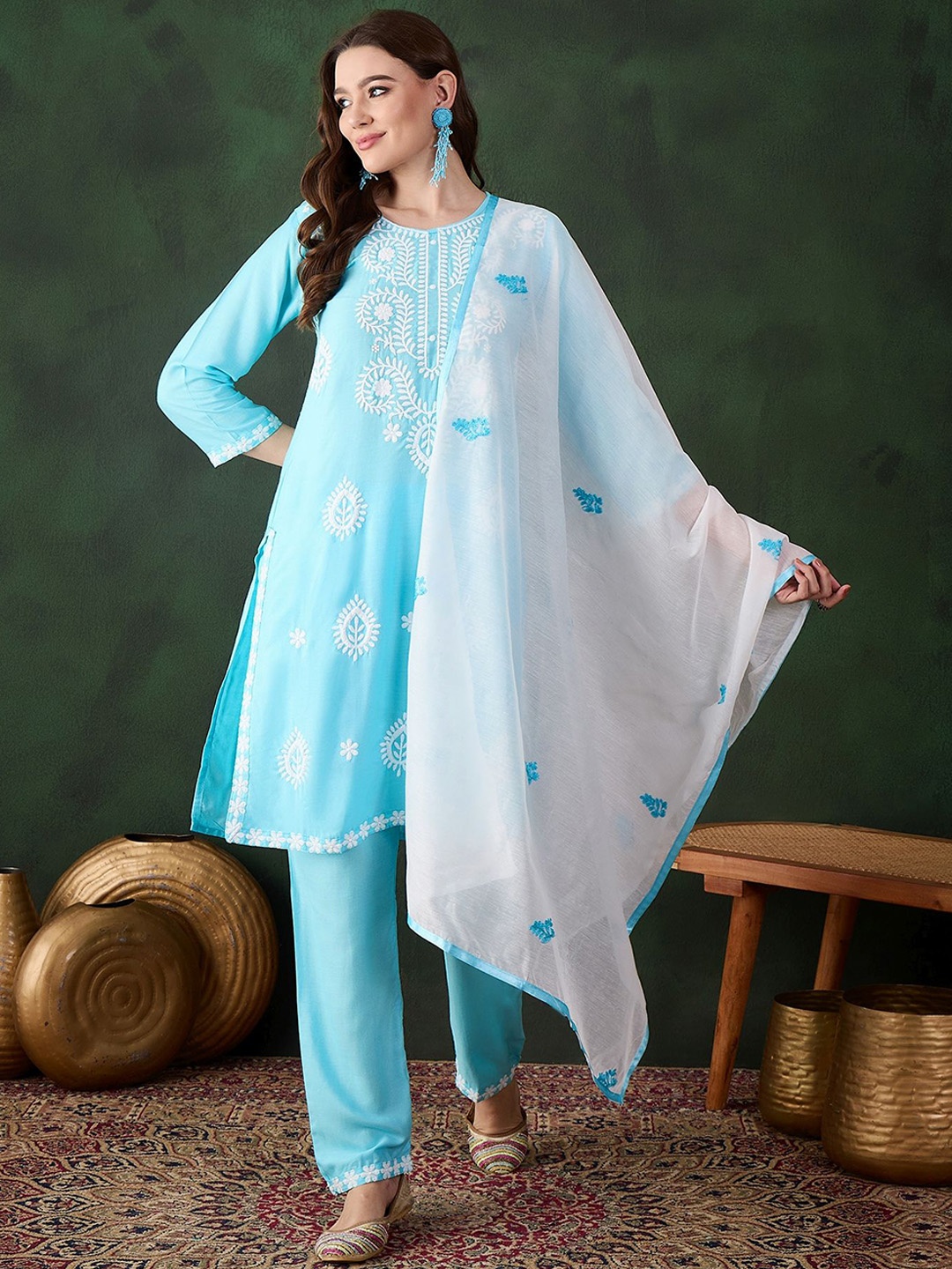 

MANVAA Floral Embroidered Straight Thread Work Kurta With Trousers And Dupatta, Blue