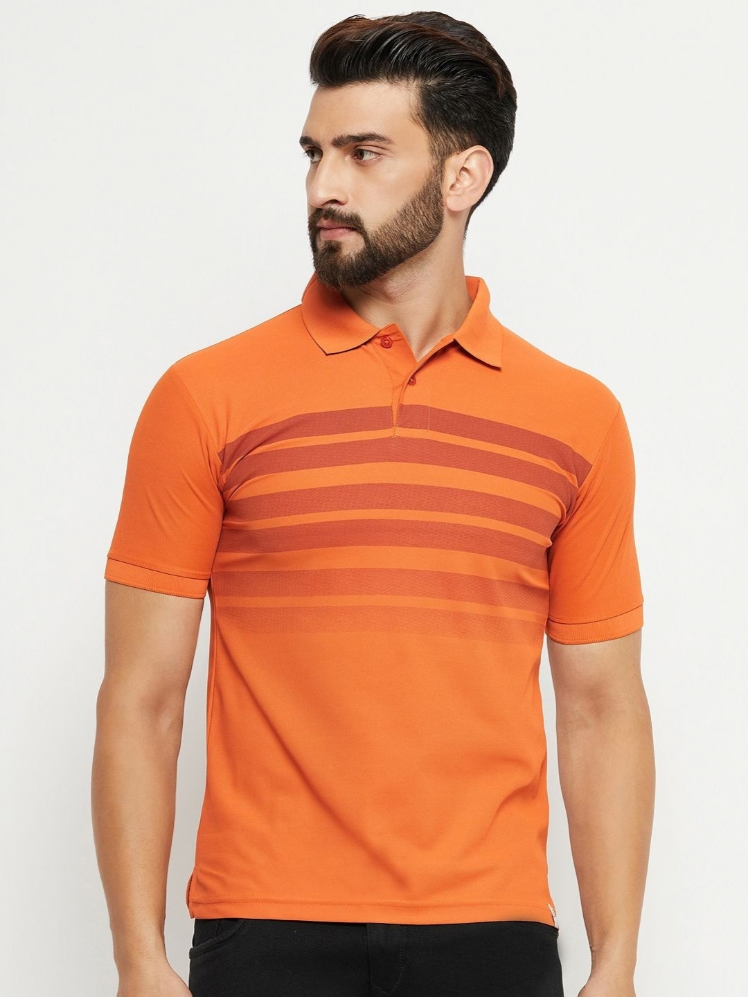 

RENUOVO Men Striped Polo Collar Cotton T-shirt, Orange