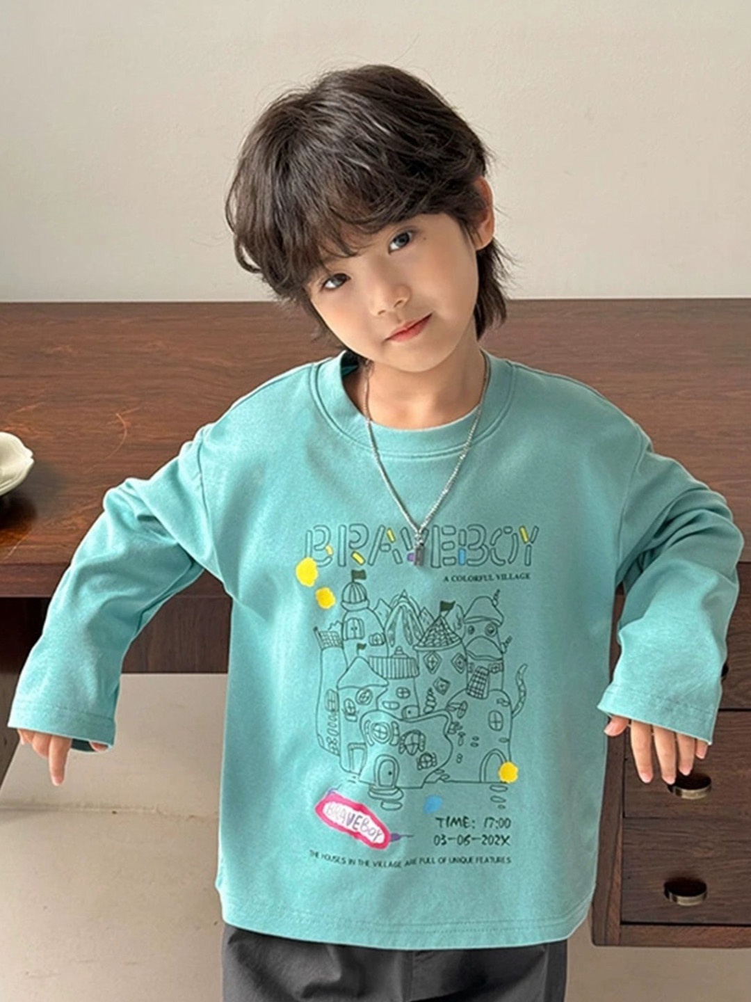 

LULU & SKY Boys Graphic Printed Round Neck Cotton Oversized T-shirt, Turquoise blue