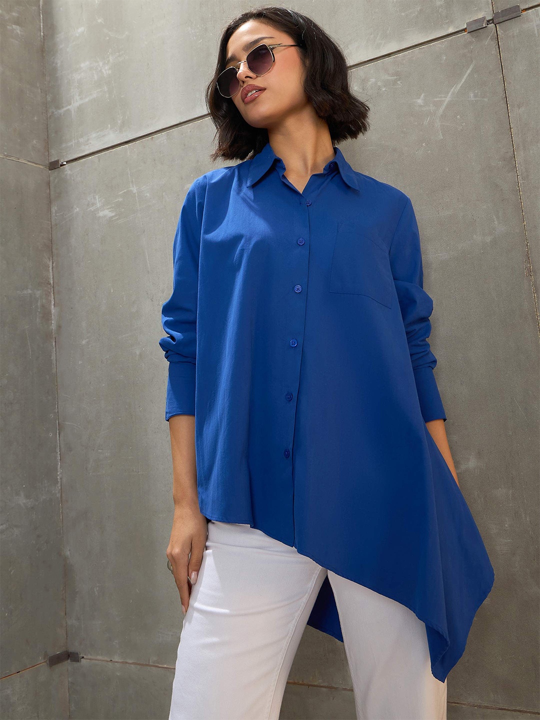 

SASSAFRAS Women Relaxed Fit Spread Collar Solid Cotton Casual Shirt, Blue