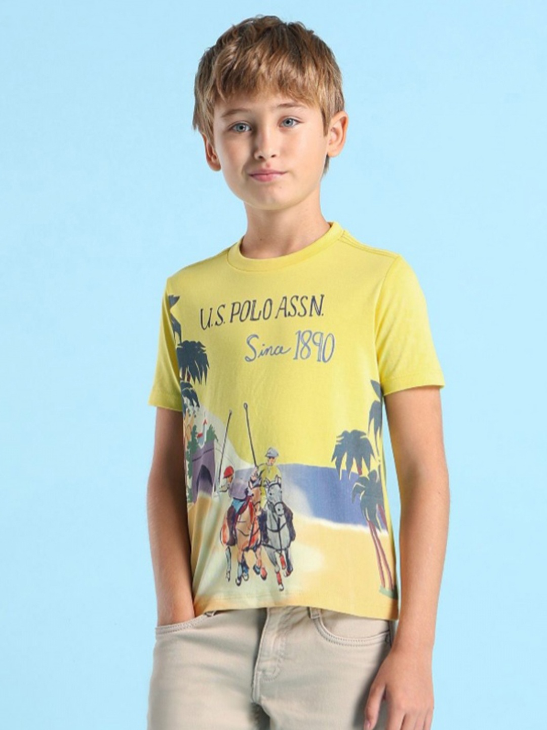 

U.S. Polo Assn. Kids Boys Graphic Printed Round Neck Cotton T-shirt, Yellow