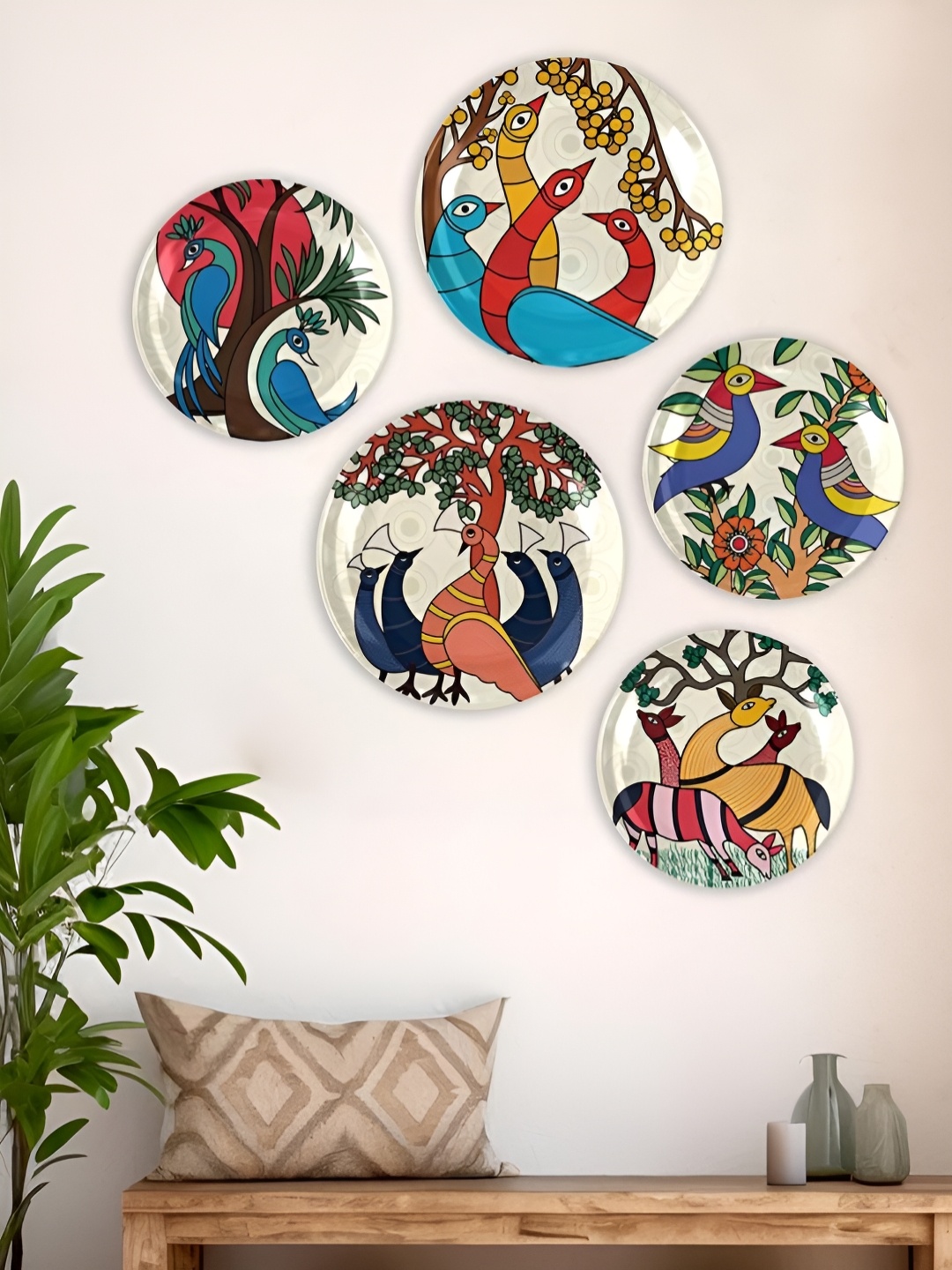 

Homscape White & Red 5 Pieces Madhubani Ceramic Wall Plates