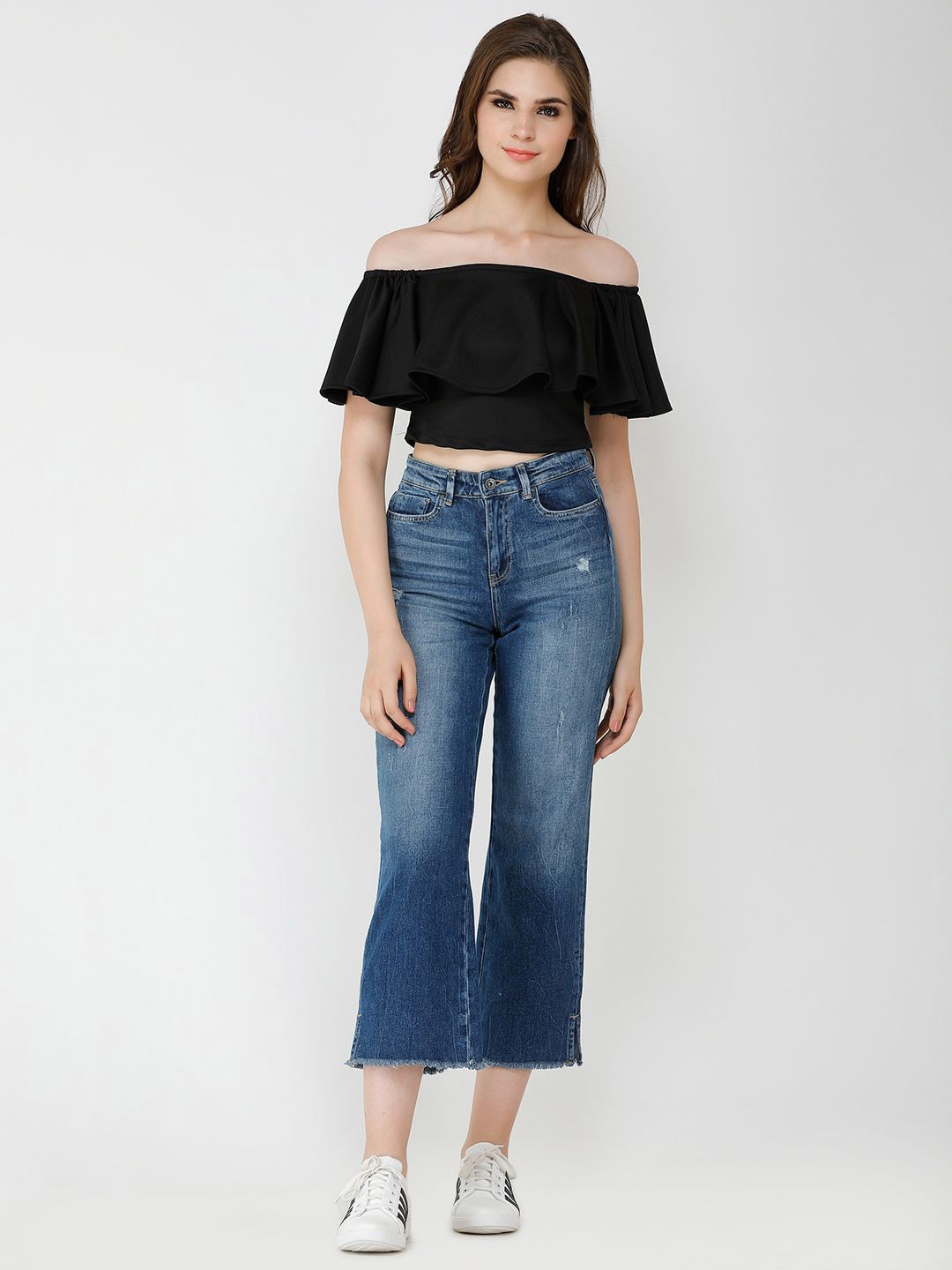 

Moda Rapido Women Off-Shoulder Flared Sleeves Bardot Crop Top, Black