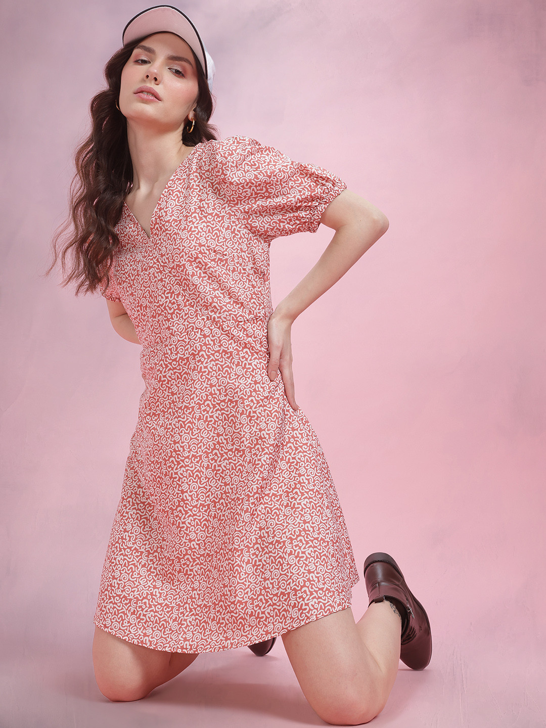 

DressBerry Printed Puff Sleeve A-Line Dress, Pink