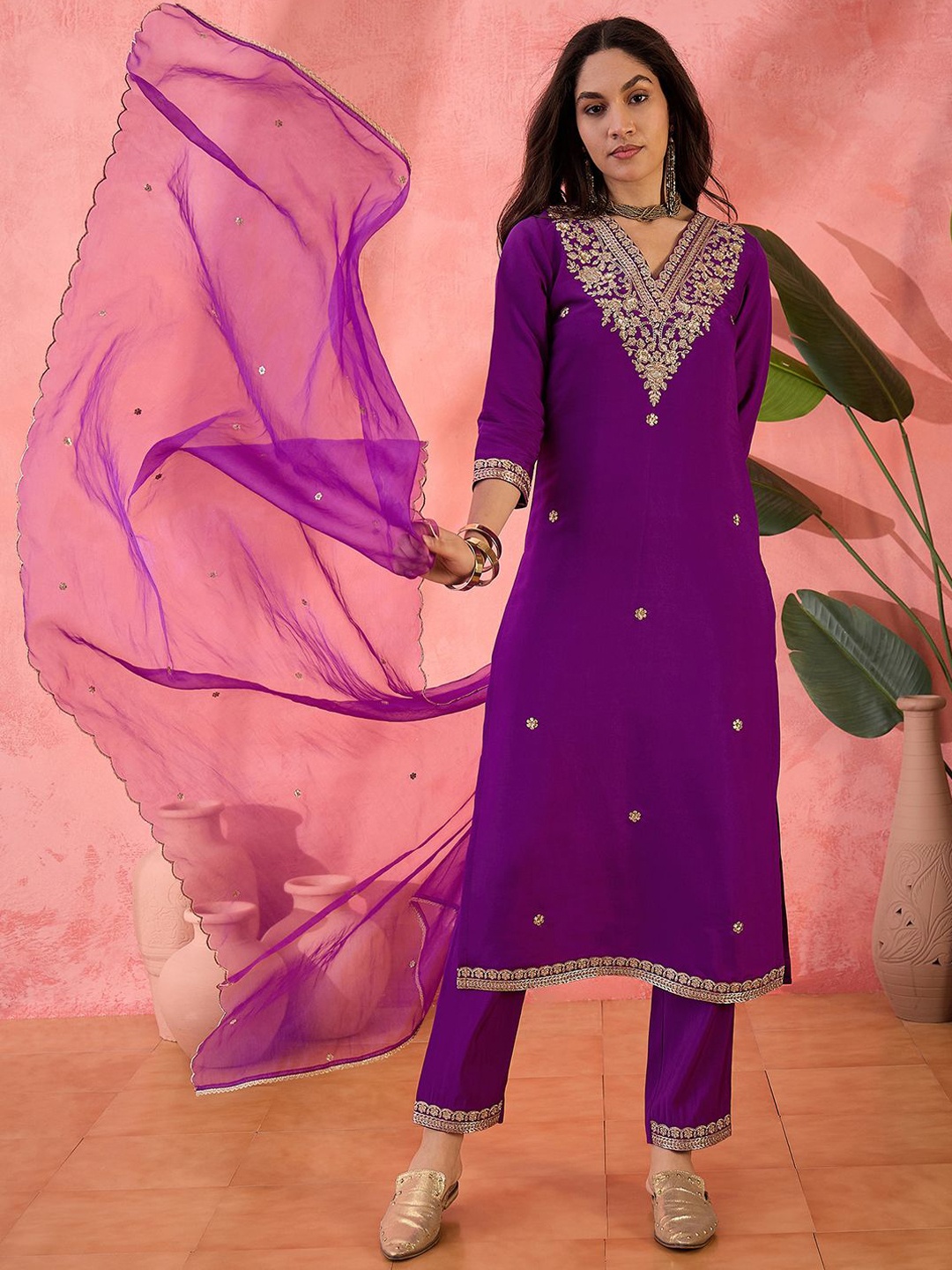 

Sangria Purple Floral Embroidered Sequnnied Straight Kurta With Trousers And Dupatta