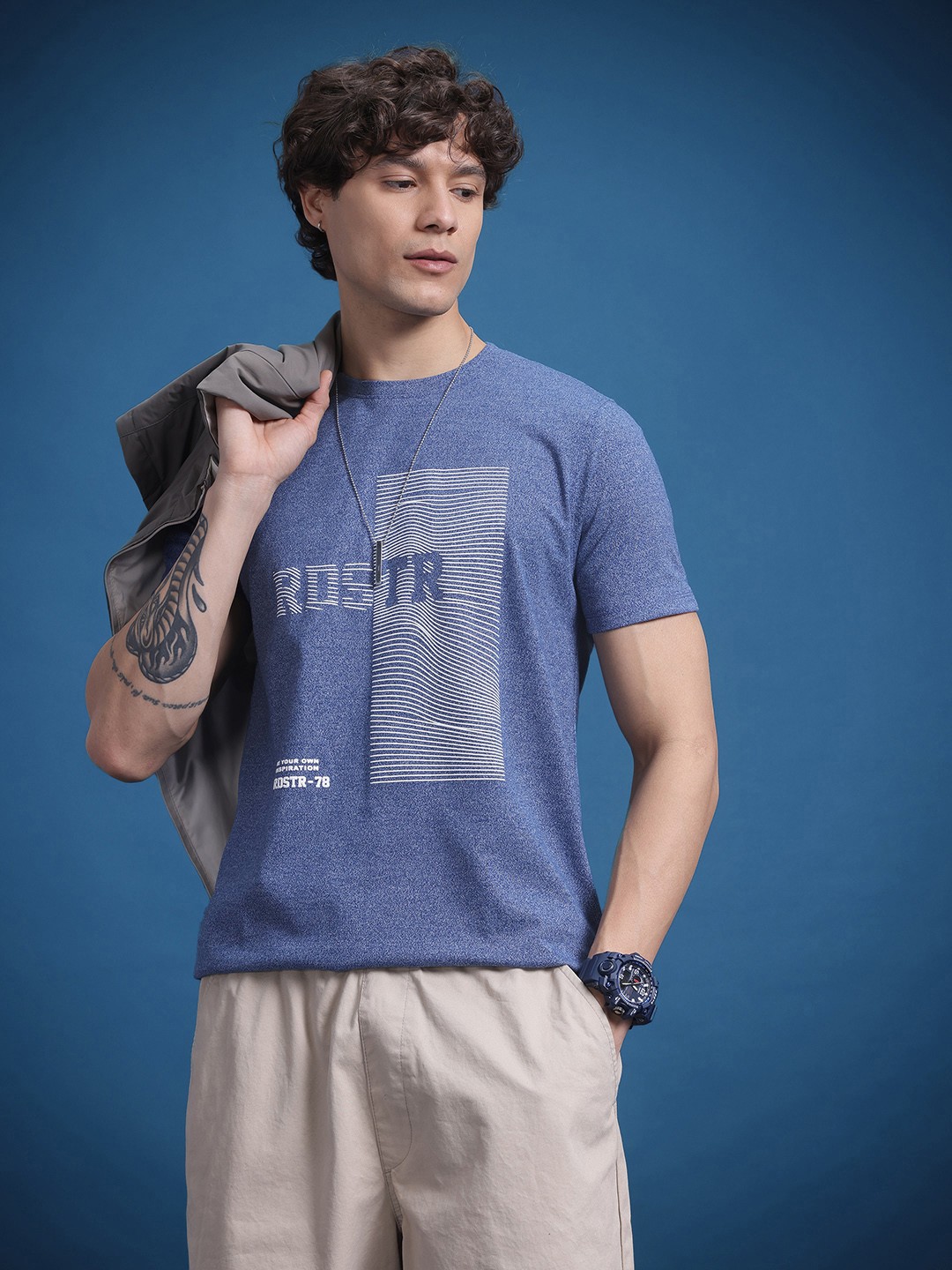 

The Roadster Lifestyle Co. Typography Printed T-shirt with Striped Detail, Blue