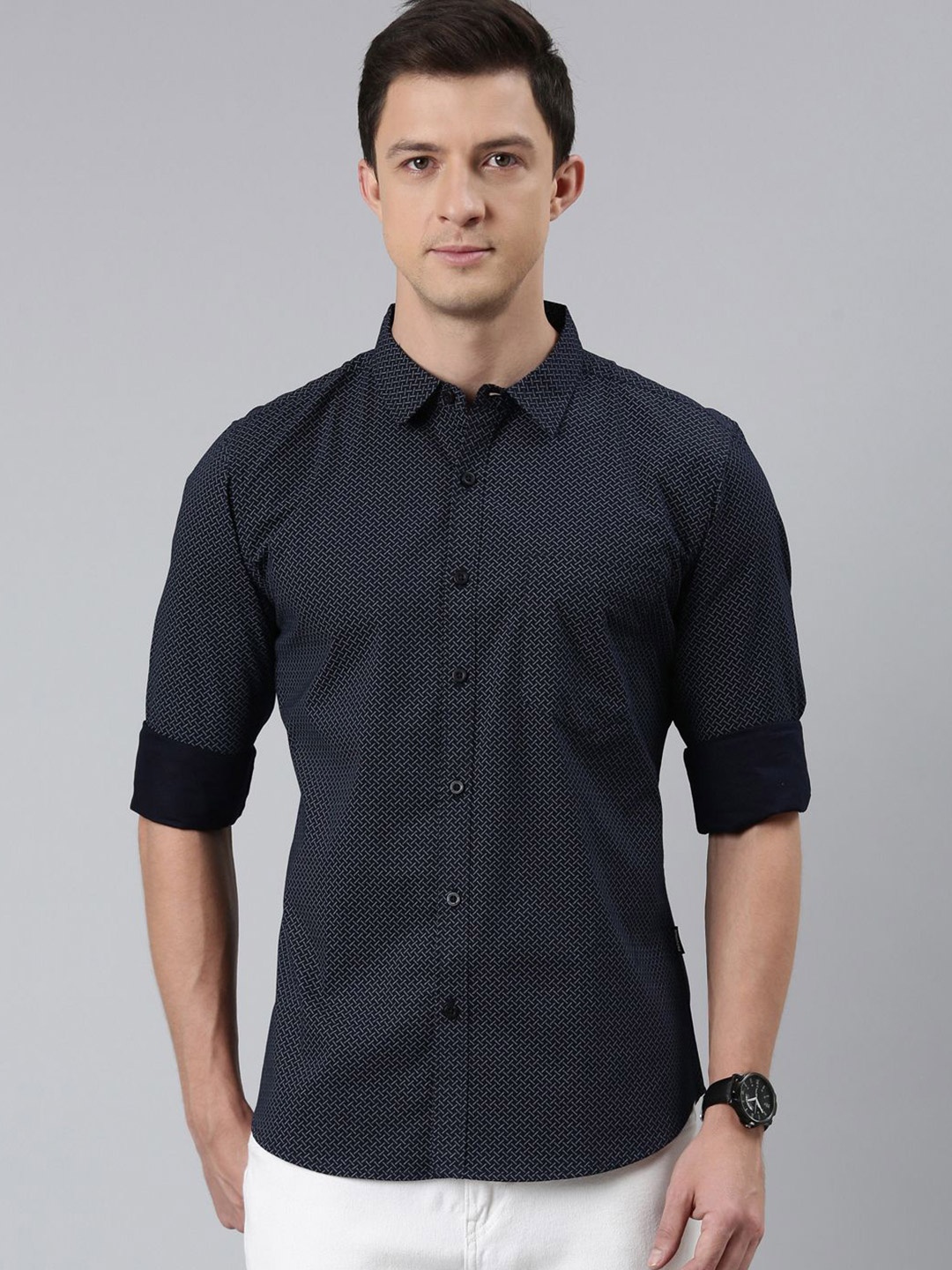 

Provogue Men Opaque Printed Casual Shirt, Navy blue