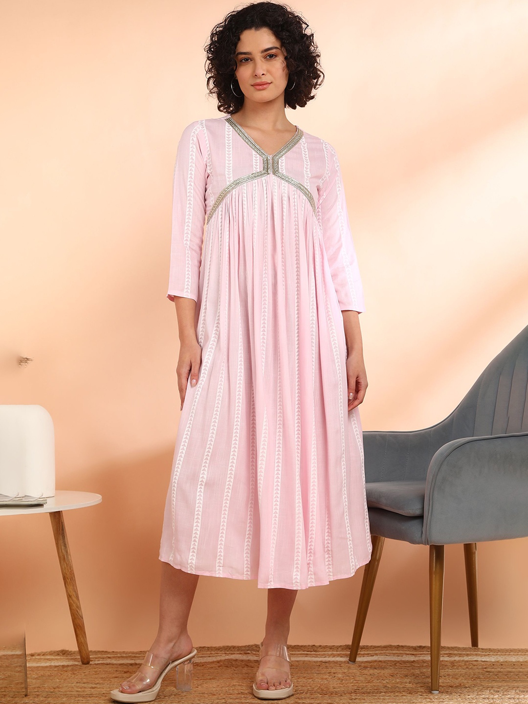 

Maaesa Women Flared Viscose Rayon Flared Green Dress, Pink