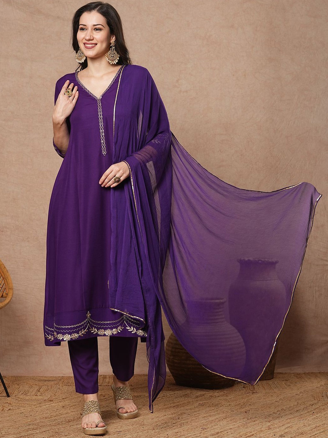 

GoSriKi Ranibai V-Neck Zari Anarkali Kurta With Trousers & Dupatta, Purple