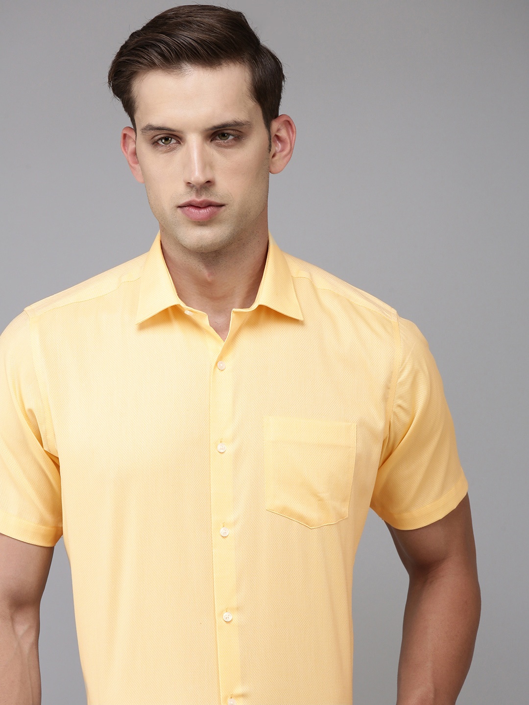 

Van Heusen Self Design Textured Custom Fit Pure Cotton Formal Shirt, Yellow