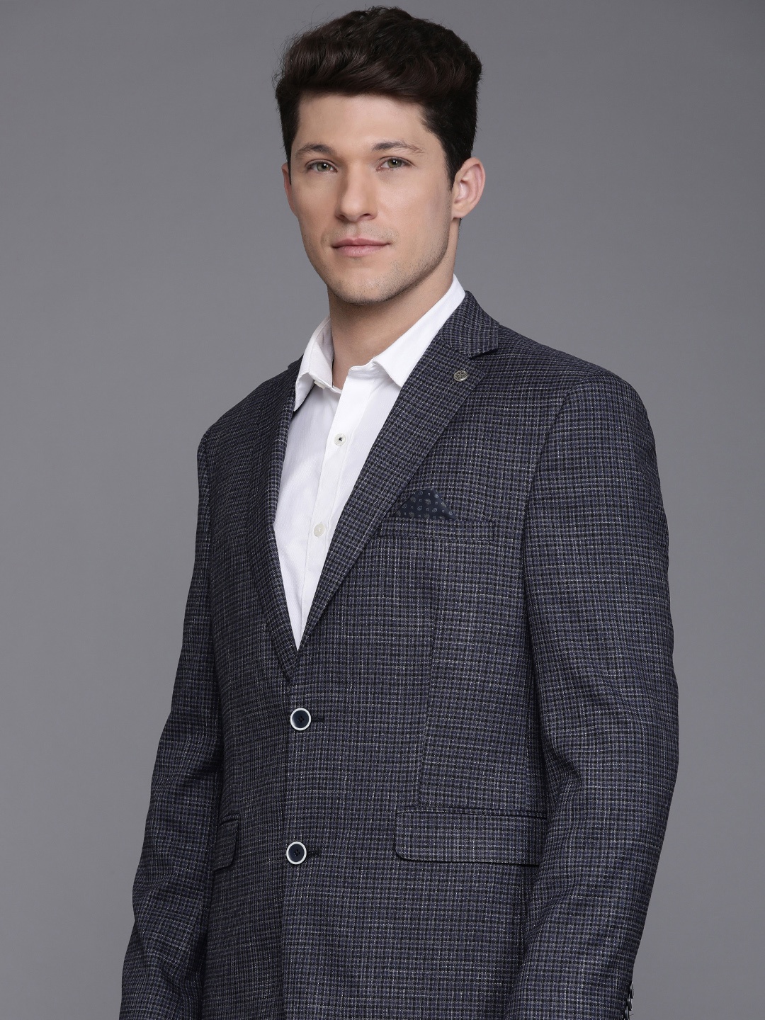 

Theme Men Checked Formal Blazer, Navy blue