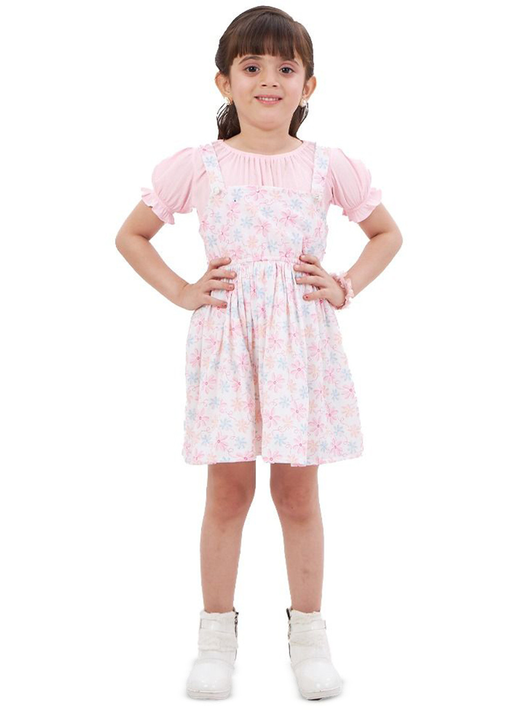

BAESD Girls Floral Puff Sleeve Pinafore Dress, Pink