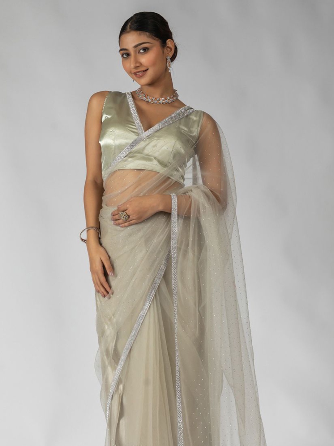 

Saree mall Embellished Beads and Stones Net Sarees, Beige