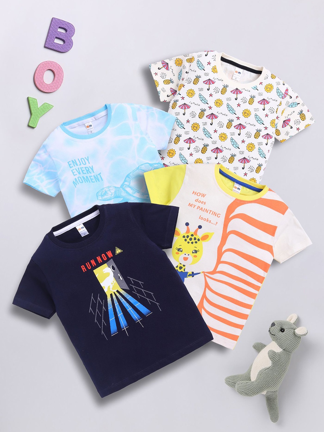 

LITTLE NINJA Boys Pack Of 4 Graphic Printed Round Neck Cotton T-shirts, Navy blue