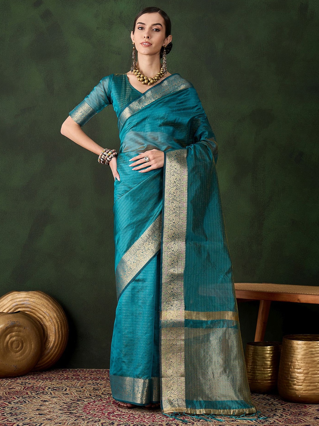 

MANVAA Women Woven Design Zari Organza Saree, Teal