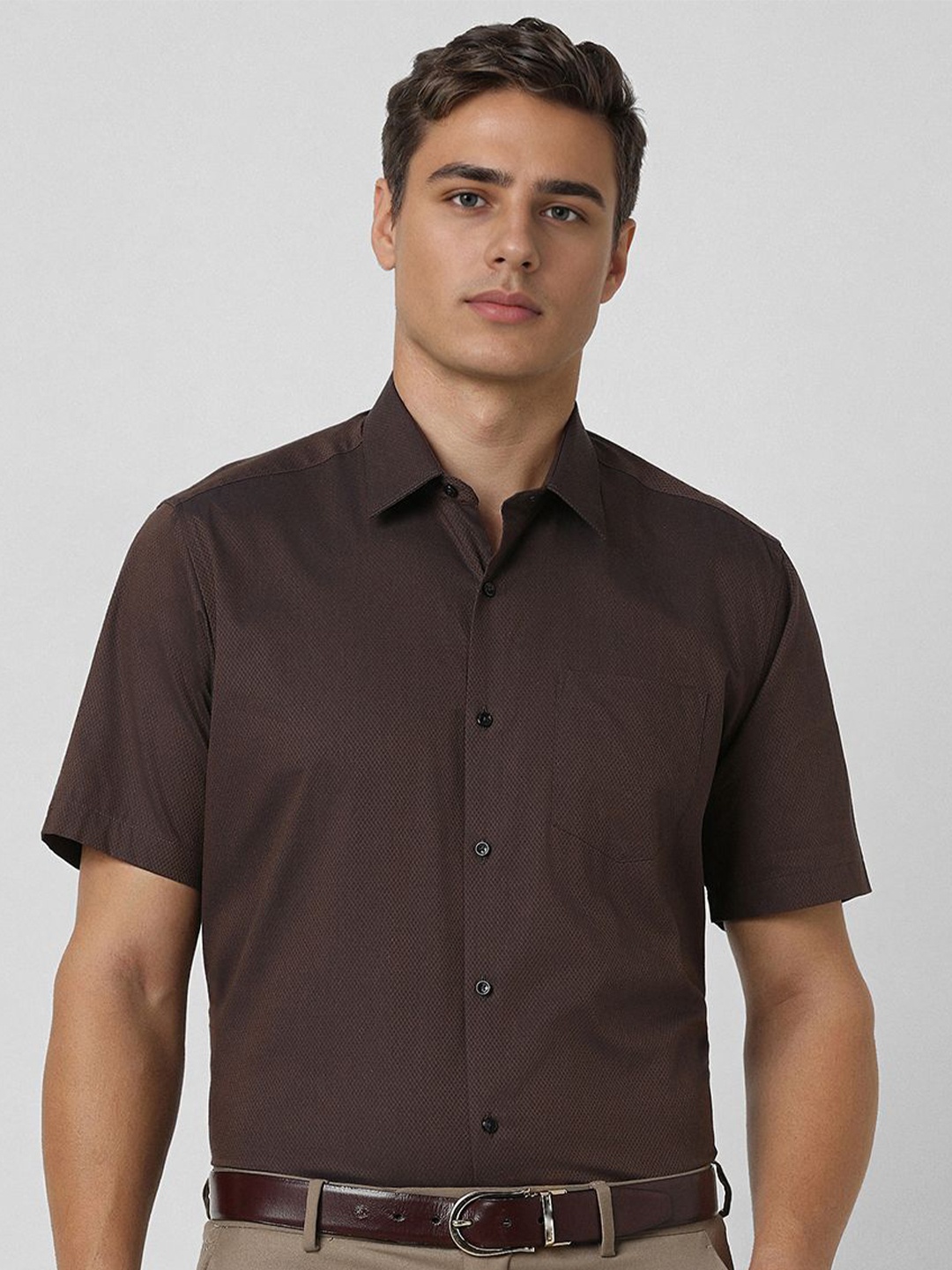 

Van Heusen Men Spread Collar Textured Cotton Party Shirt, Brown
