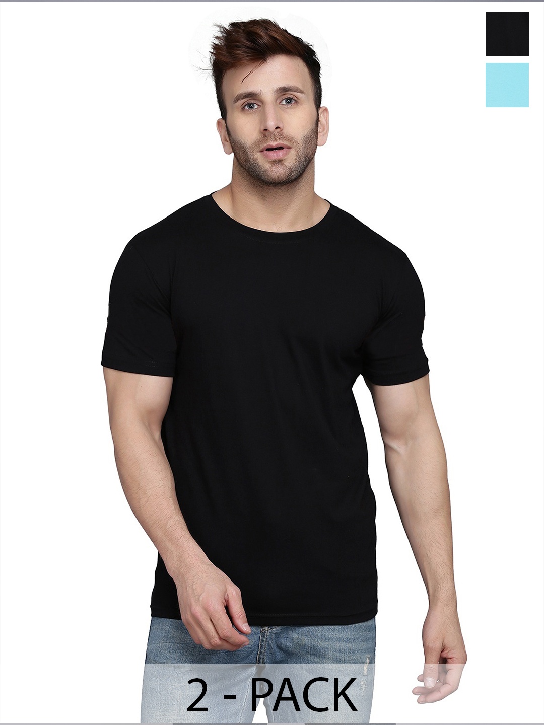 

WOOSTRO Men Pack Of 2 Solid Round Neck Cotton Slim Fit T-shirts, Black