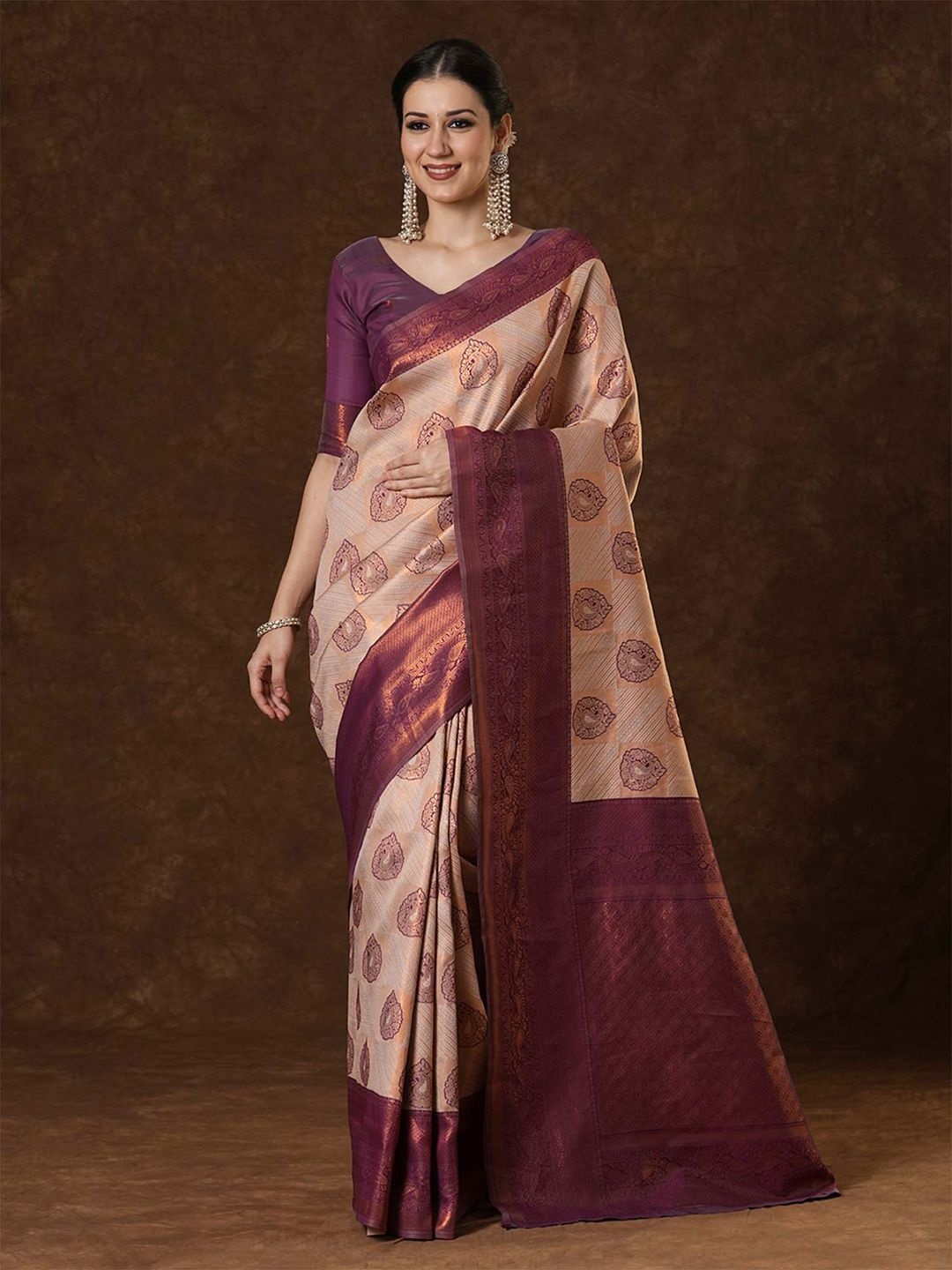 

Saree mall Ethnic Motifs Zari Silk Blend Kanjeevaram Sarees, Cream