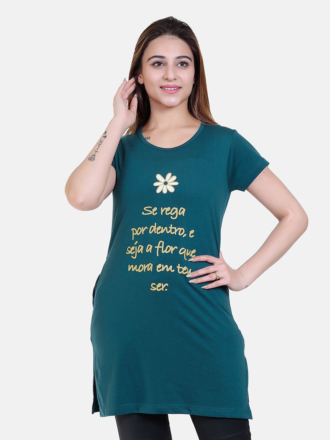 

Divine Girl Typography Printed Cotton Longline T-Shirt, Teal