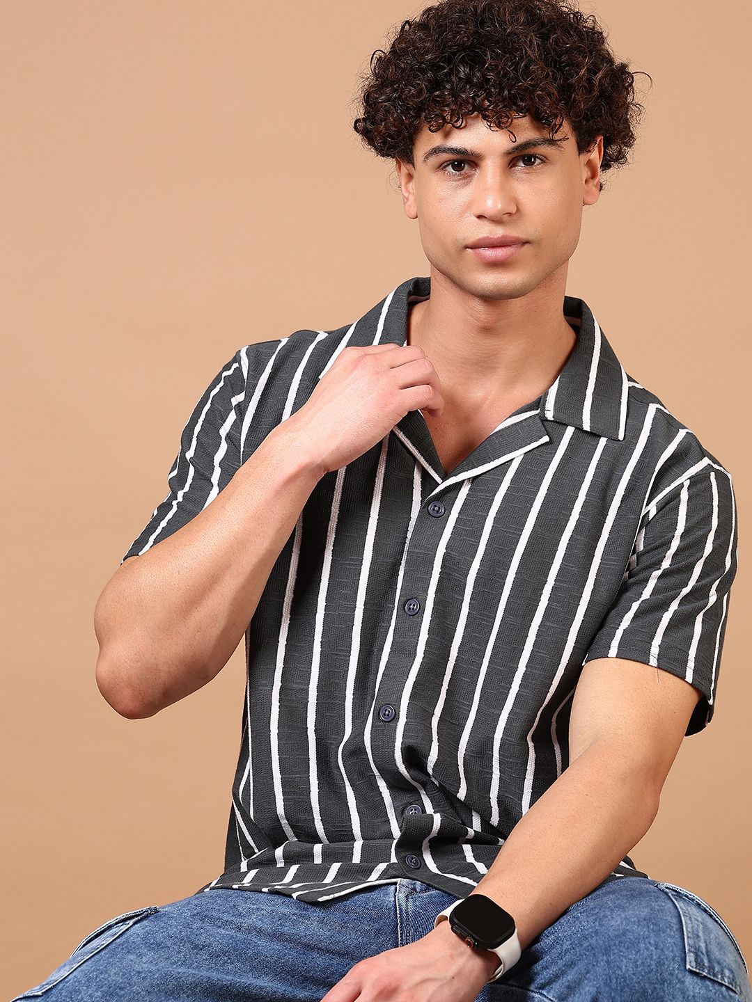 

V-Mart Men Relaxed Fit Cuban Collar Vertical Striped Cotton Casual Shirt, Grey