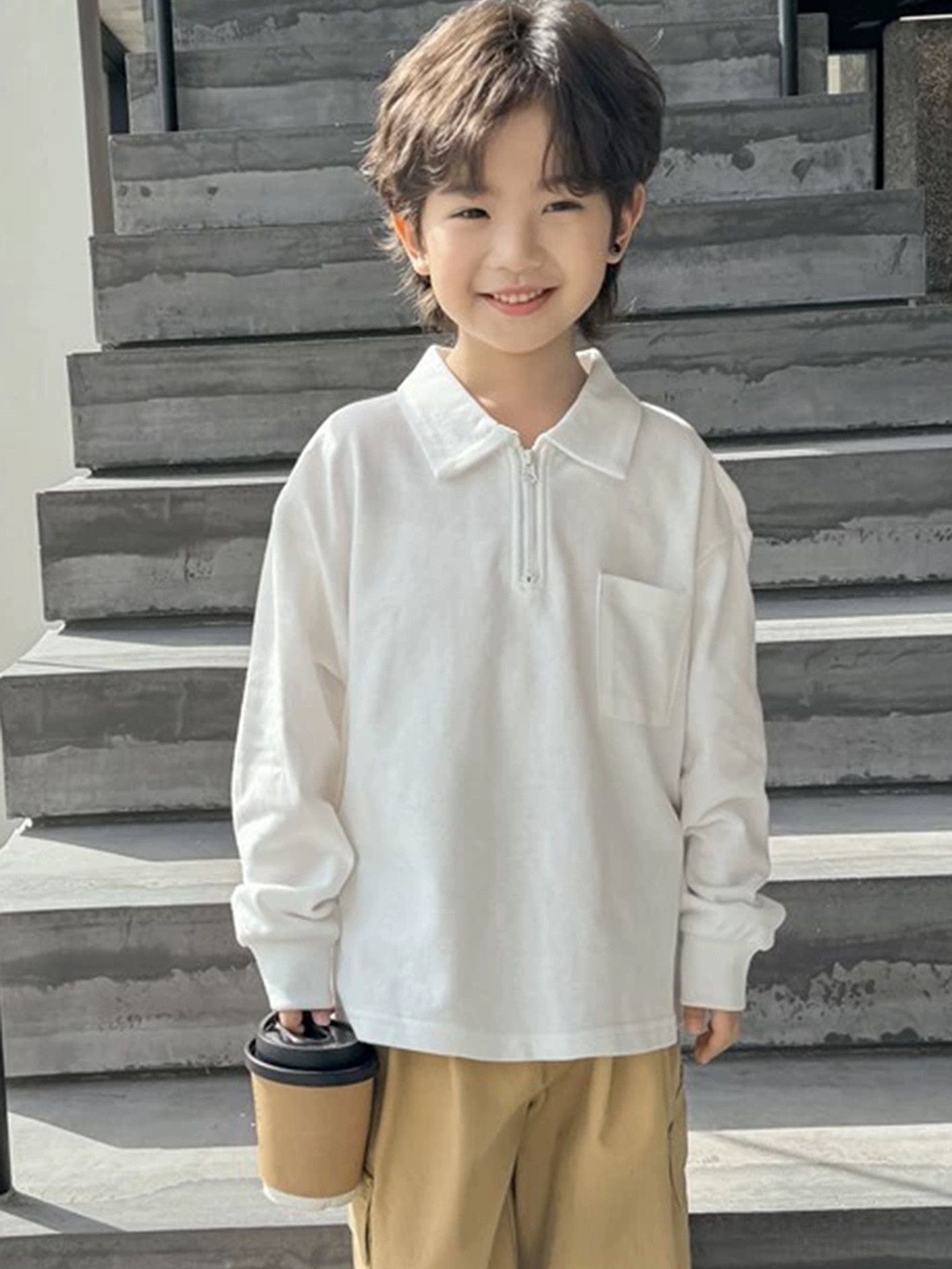 

LULU & SKY Boys Solid Polo Collar Cotton Oversized T-shirt, White