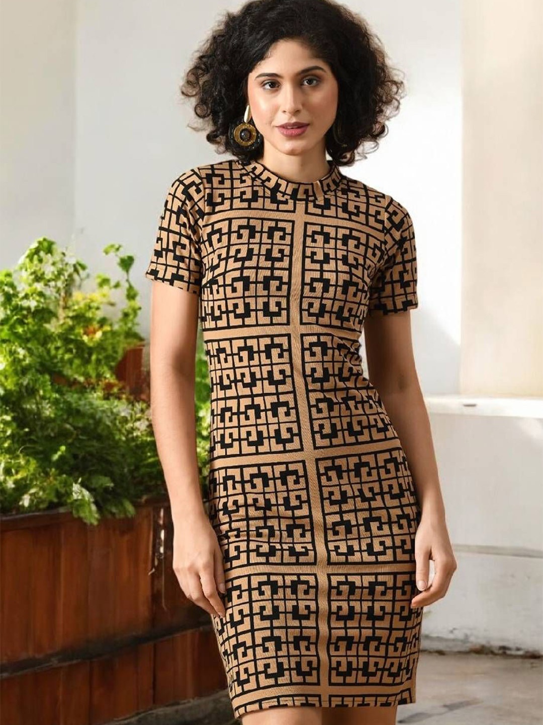 

BAESD Geometric Printed Boat Neck Bodycon Dress, Brown