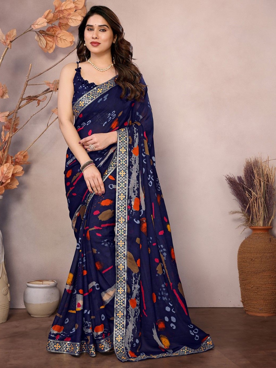 

KALINI Printed Zari Saree, Navy blue