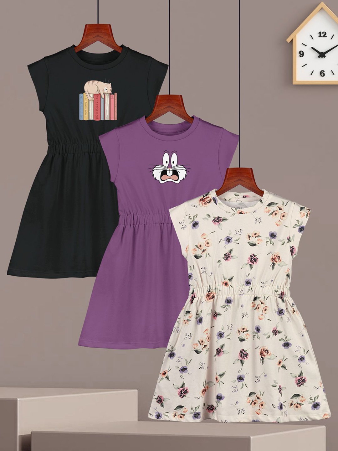 

HELLCAT Girls Pack of 3 Graphic Print A-Line Dress, Black