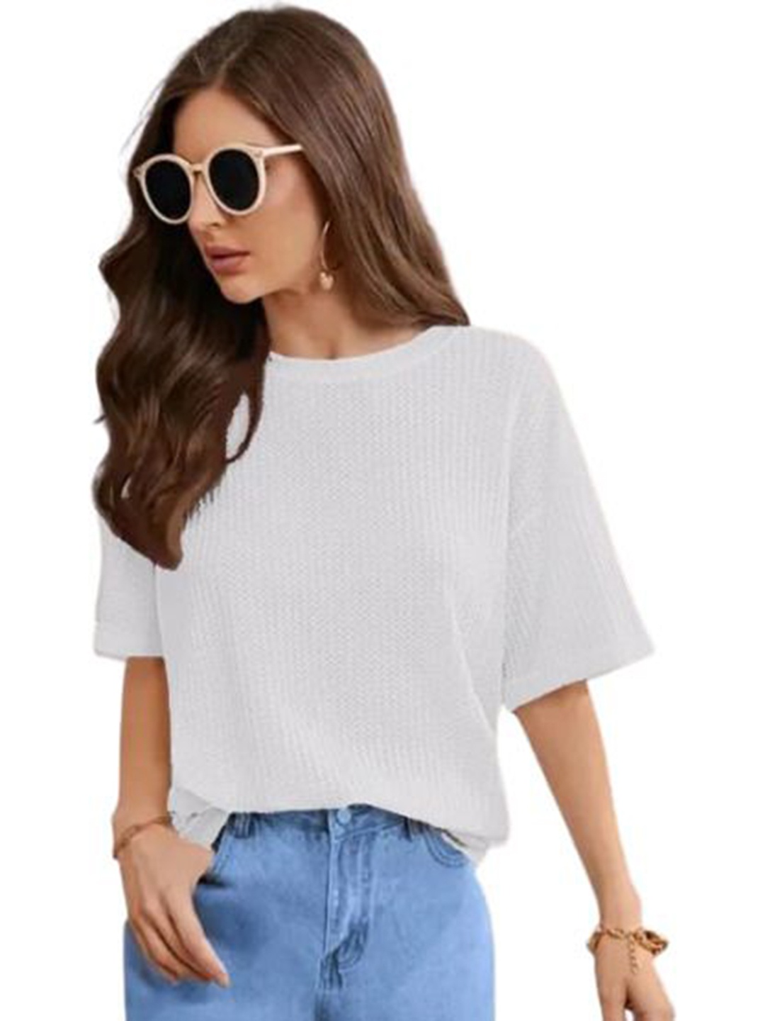 

SRISARAS Women Self Design Round Neck Cotton Relaxed Fit T-shirt, White