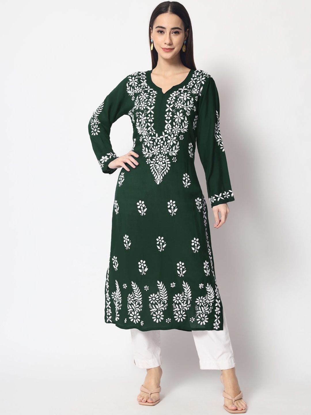 

PARAMOUNT CHIKAN Women Ethnic Motifs Embroidered Chikankari Kurta, Olive