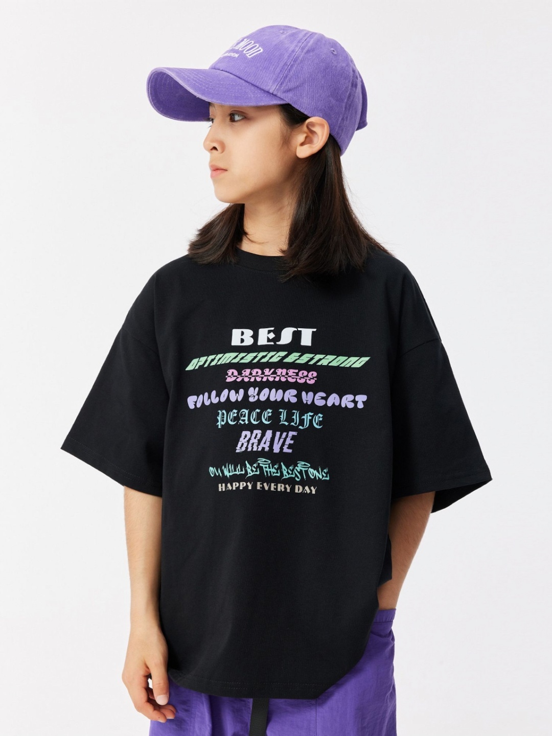 

LULU & SKY Girls Typography Printed Round Neck Cotton Boxy T-shirt, Black