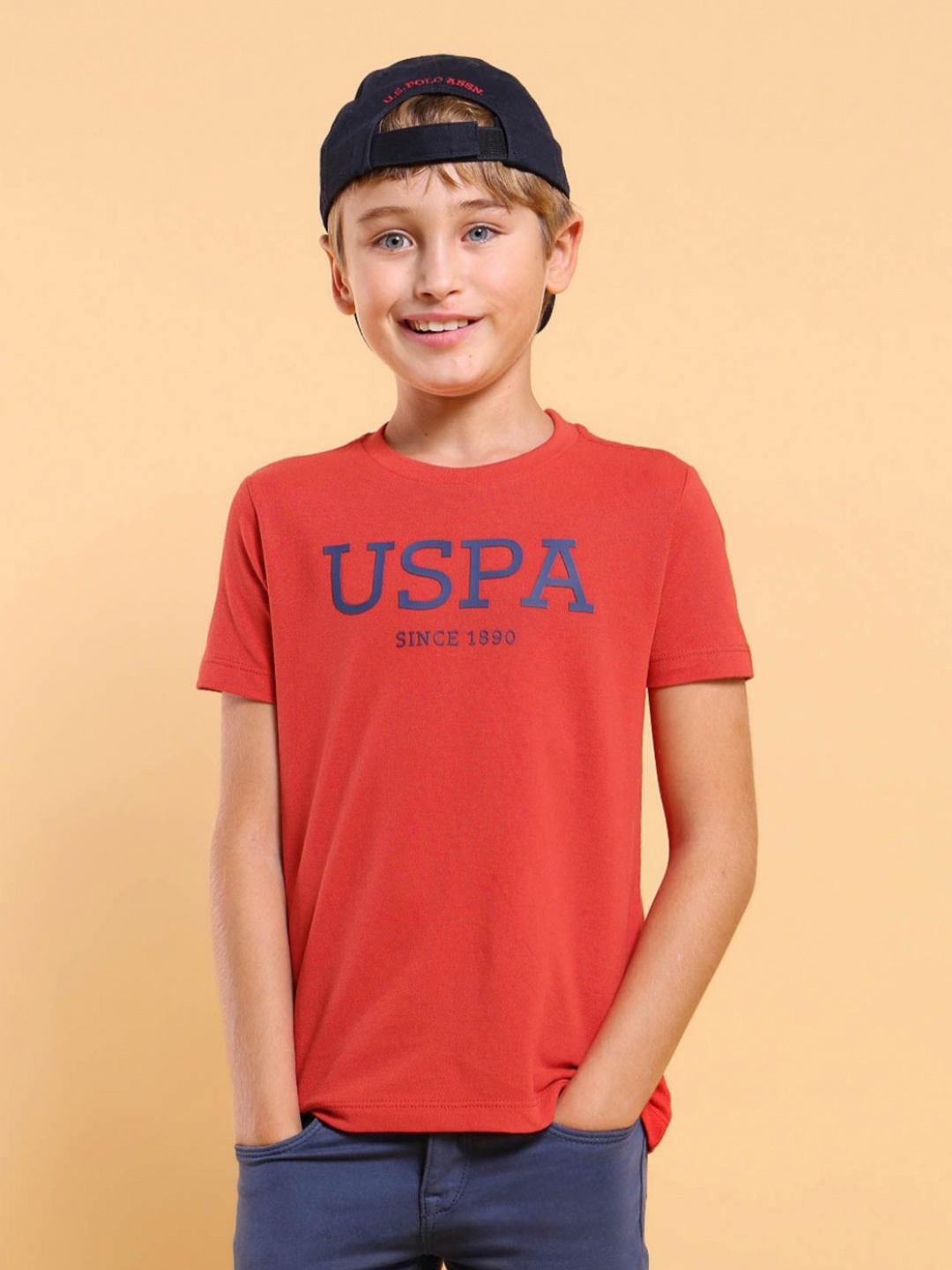 

U.S. Polo Assn. Kids Boys Typography Printed Round Neck Cotton T-shirt, Red