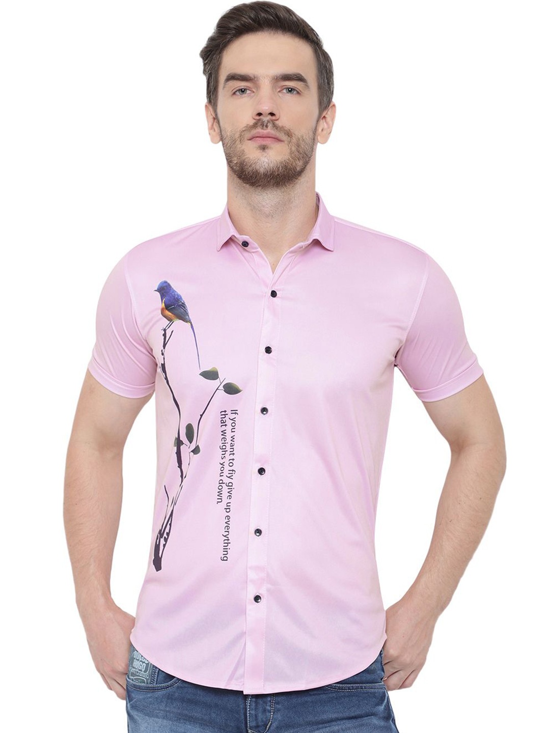 

iCome Men Slim Fit Spread Collar Graphic Printed Cotton Linen Casual Shirt, Pink