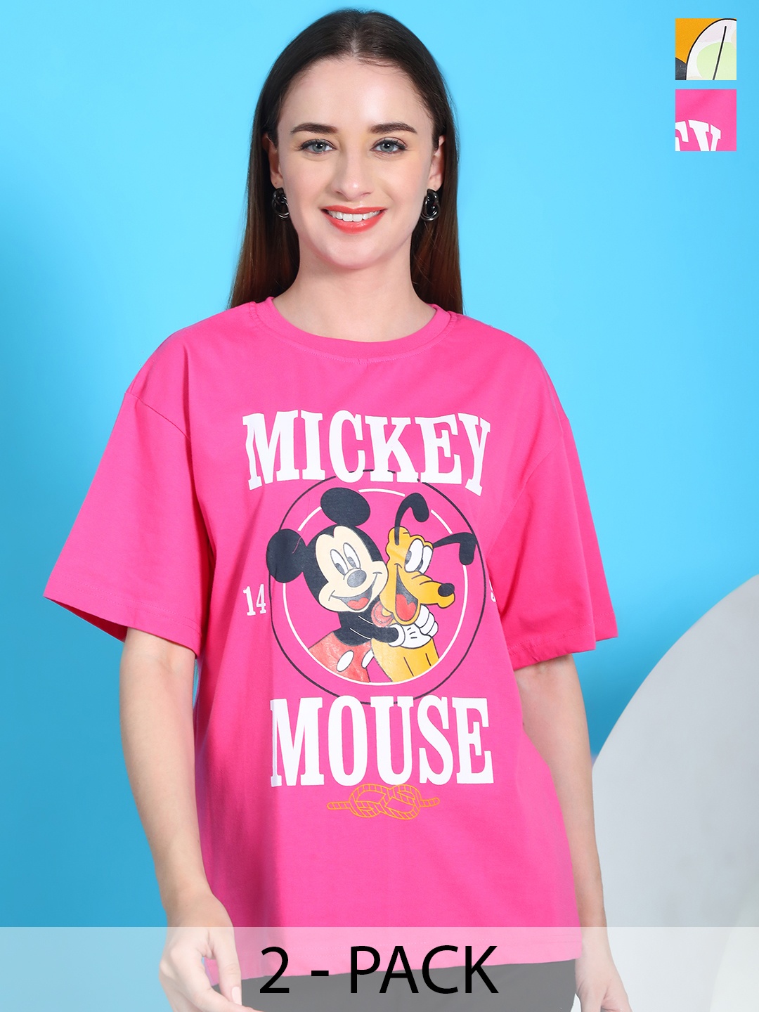 

Dreambe Women Pack Of 2 Mickey Mouse Fusion Graphic Printed Cotton Oversized T-shirts, Pink