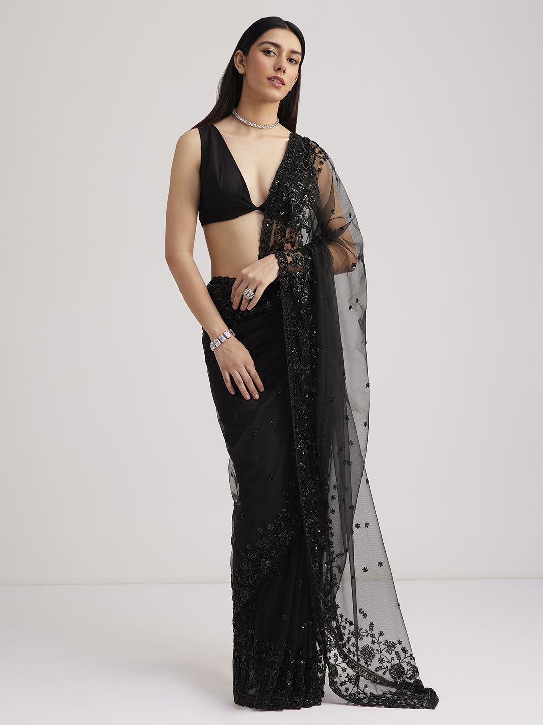 

KALKI Fashion Embellished Sequinned Saree, Black