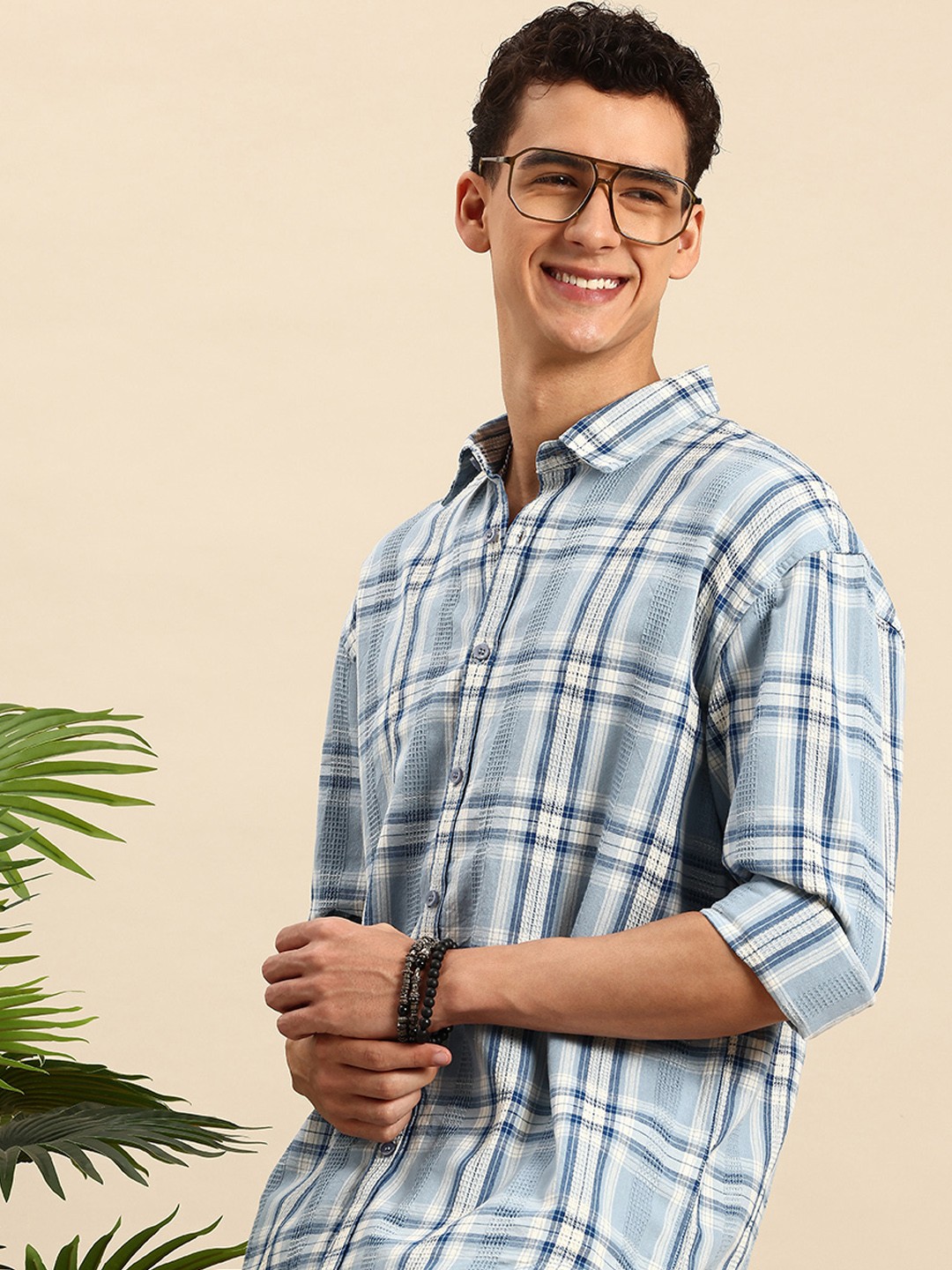 

Mast & Harbour Pure Cotton Tartan Checks Drop-Shoulder Sleeves Relaxed Fit Casual Shirt, Blue